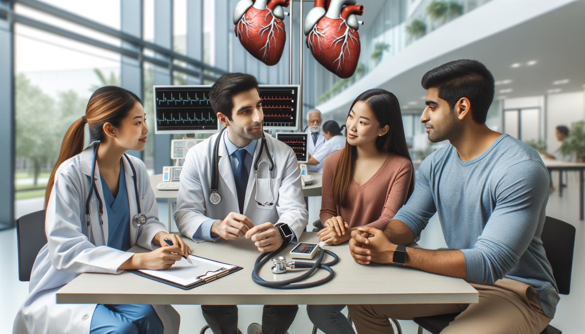 A multicultural team of cardiologists and patients in an American Heart Association facility, demonstrating inclusive cardiovascular care