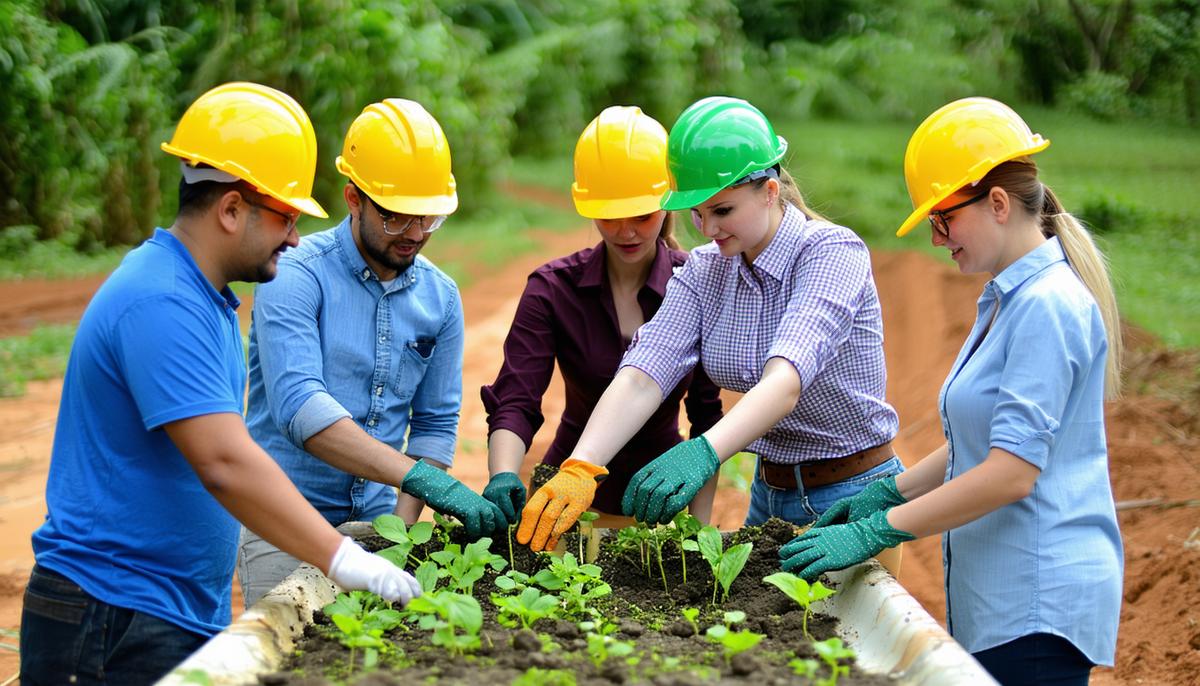 Local government officials, nonprofit workers, and corporate representatives working together on an environmental project
