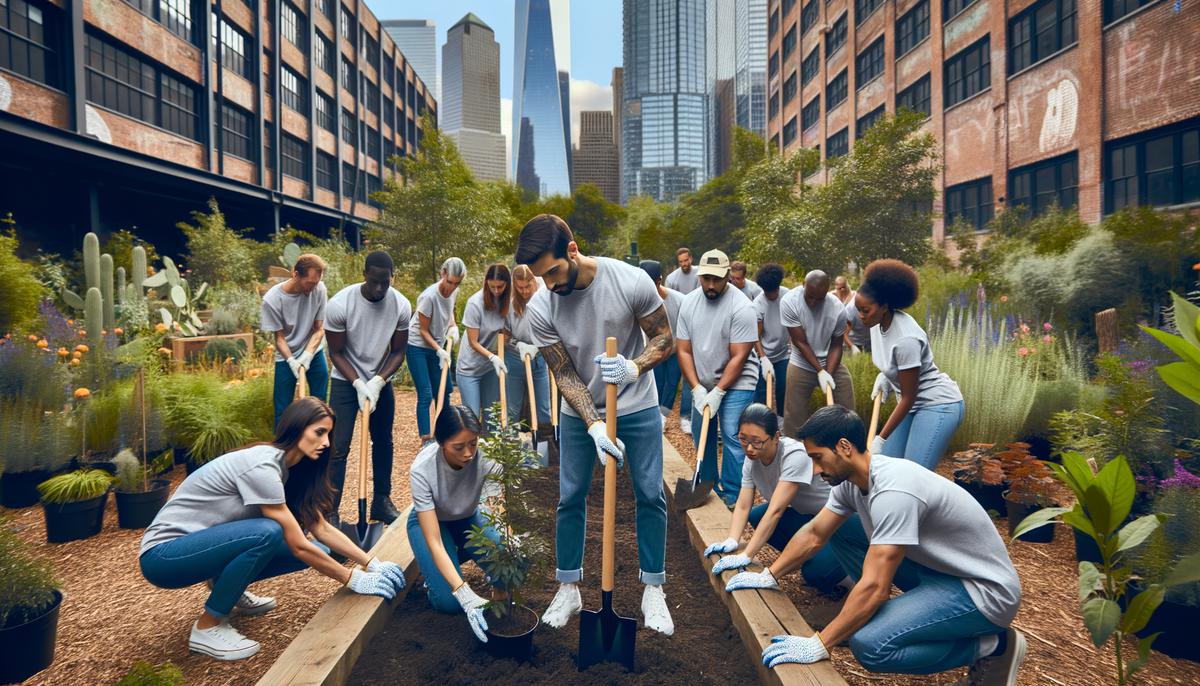Corporate volunteers planting trees in a community garden with their company logo on t-shirts
