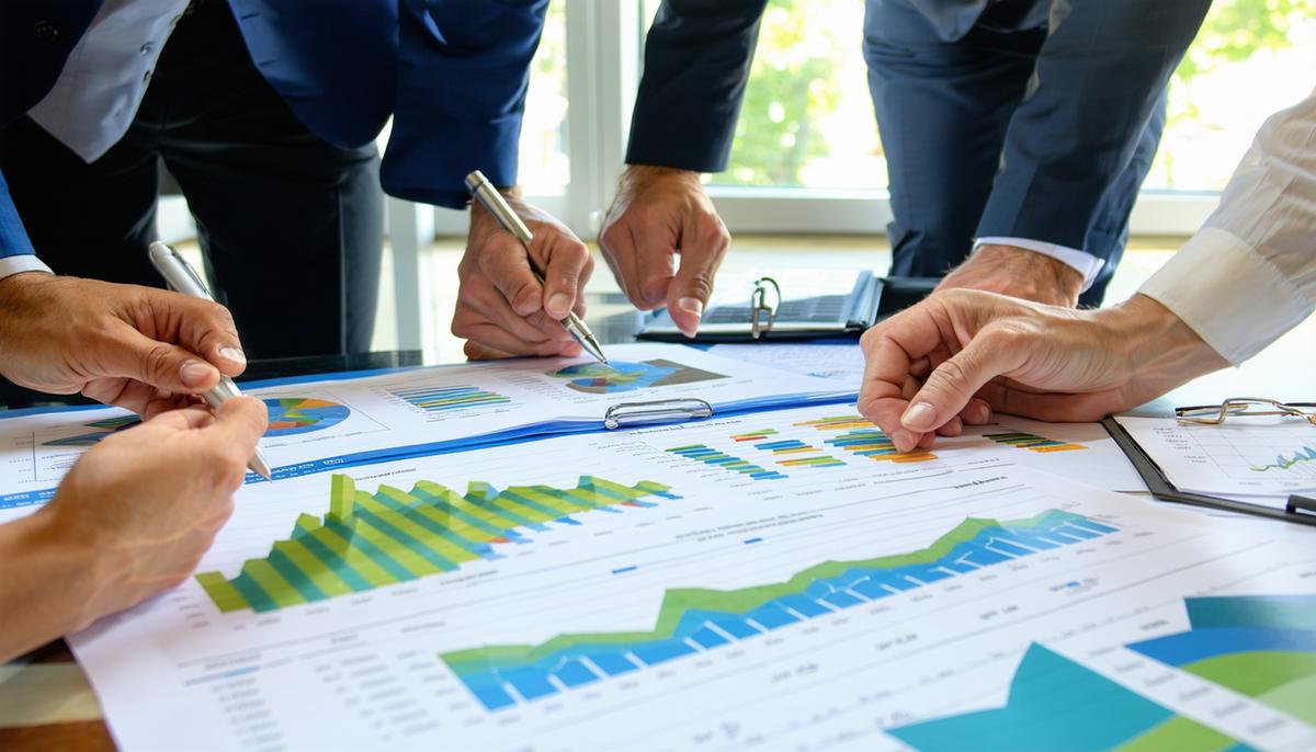 A group of investors reviewing environmental impact reports and sustainability metrics