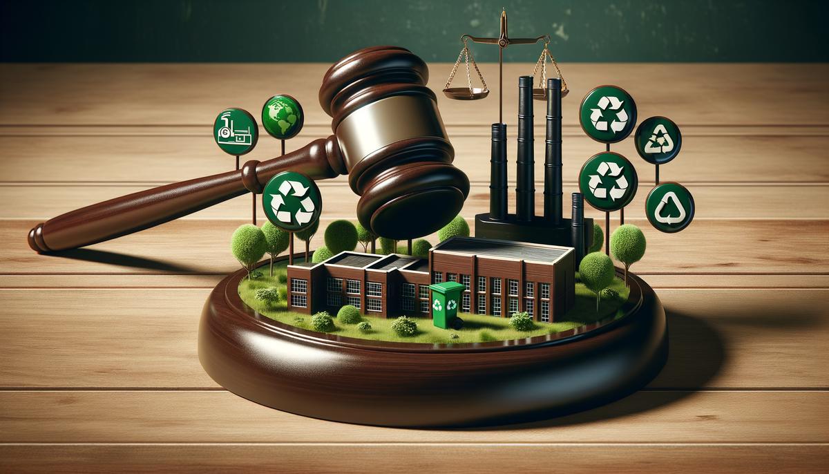 A judge's gavel next to a miniature factory model and environmental protection symbols