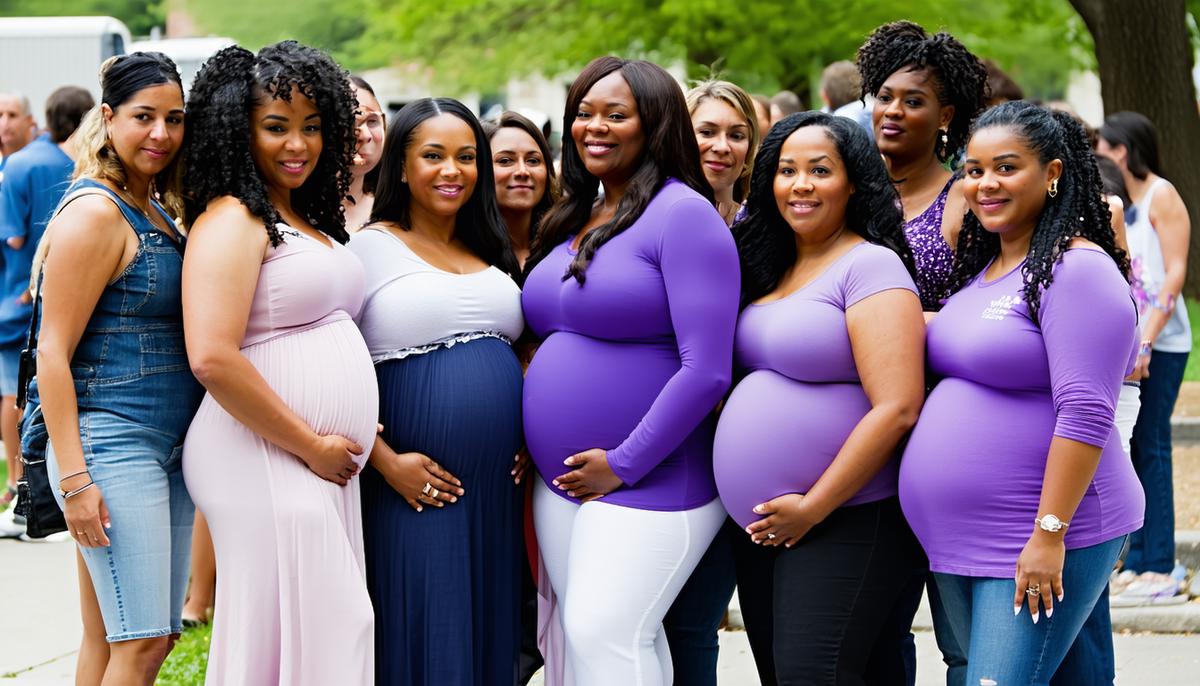 A diverse group of pregnant women and healthcare providers at a March of Dimes event promoting maternal health equity