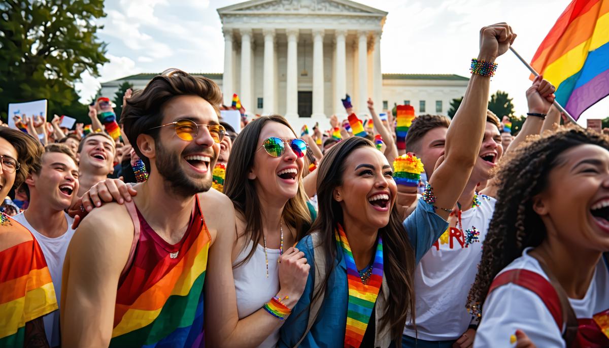 A joyous celebration of the Supreme Court's decision on marriage equality, showing diverse supporters