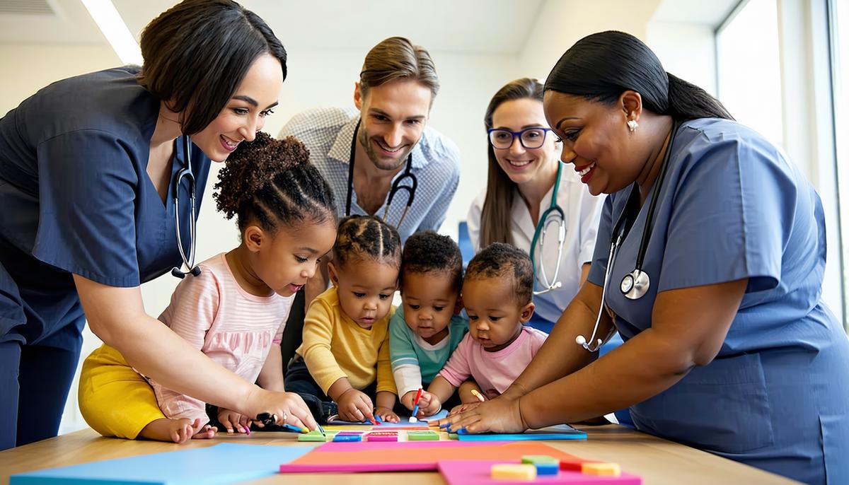 A diverse team of healthcare professionals and community leaders collaborating on children's health initiatives